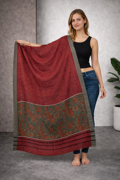 Sanskriti Vintage Red Soft Dupatta/Stole Pure Woolen Kashmir Kani Paisley Print