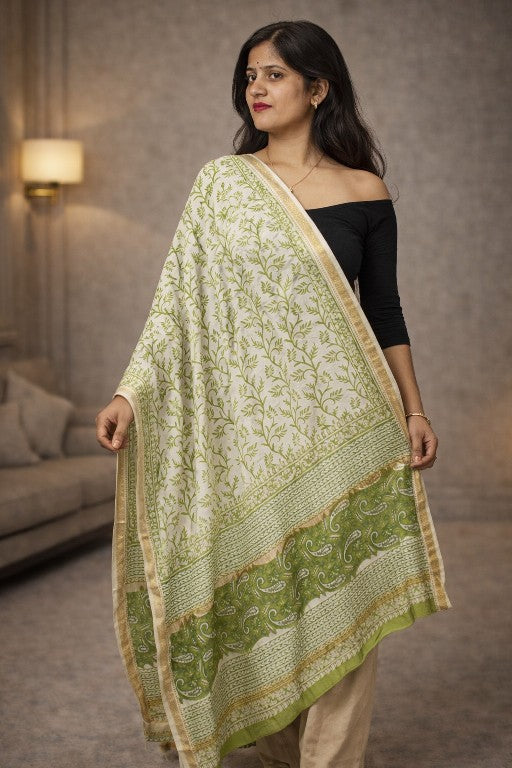 Sanskriti Vintage White Soft Dupatta/Stole Pure Cotton Sanganeri Handblock Print