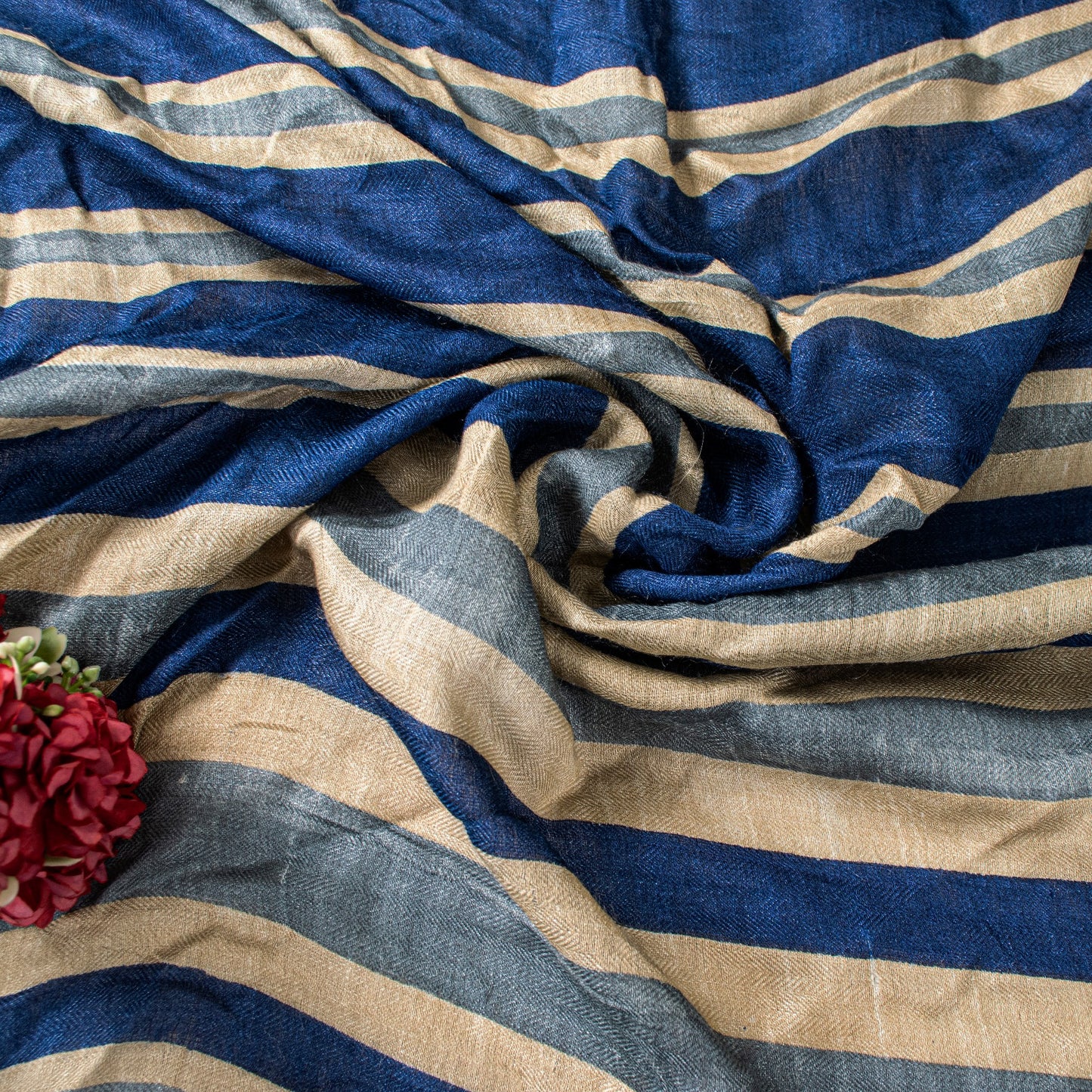 Sanskriti Vintage Blue Dupatta/Stole Woolen Silk Strips Line Woven Warm Scarves