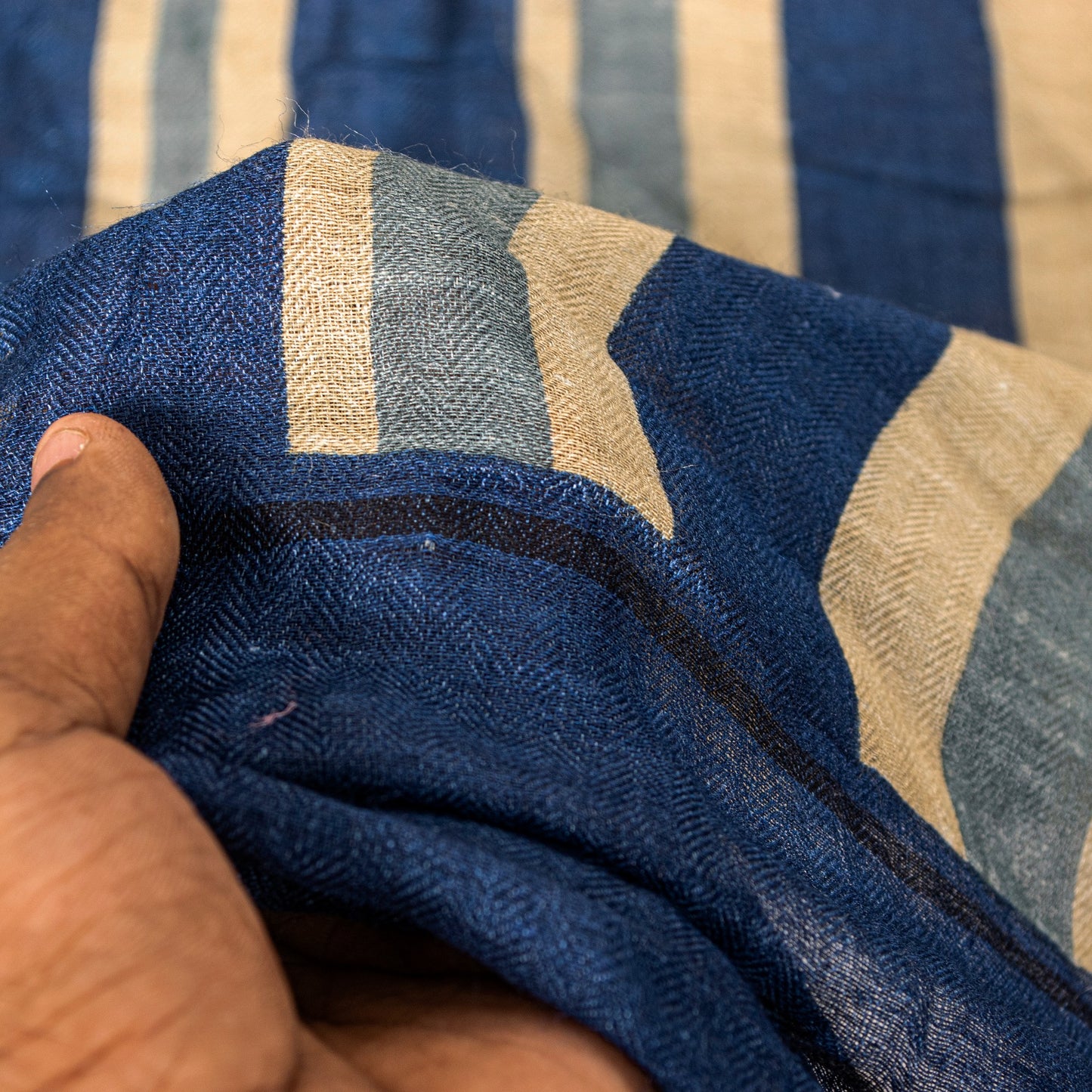 Sanskriti Vintage Blue Dupatta/Stole Woolen Silk Strips Line Woven Warm Scarves