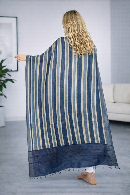 Sanskriti Vintage Blue Dupatta/Stole Woolen Silk Strips Line Woven Warm Scarves