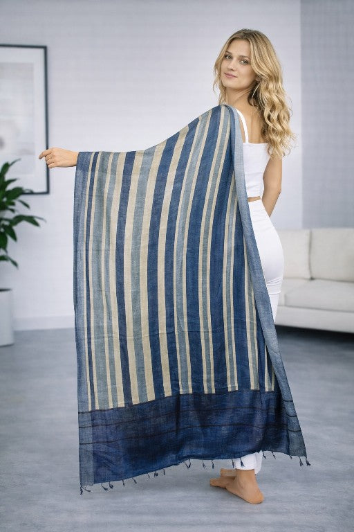 Sanskriti Vintage Blue Dupatta/Stole Woolen Silk Strips Line Woven Warm Scarves