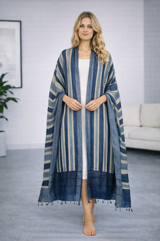 Sanskriti Vintage Blue Dupatta/Stole Woolen Silk Strips Line Woven Warm Scarves