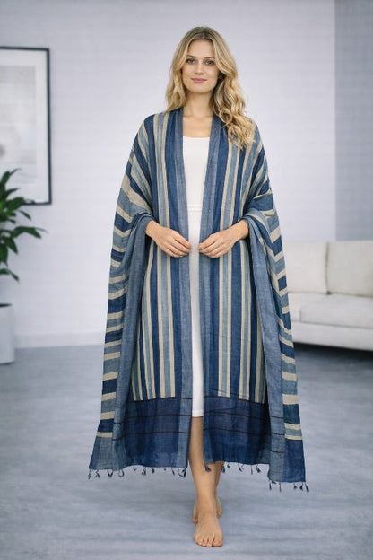 Sanskriti Vintage Blue Dupatta/Stole Woolen Silk Strips Line Woven Warm Scarves