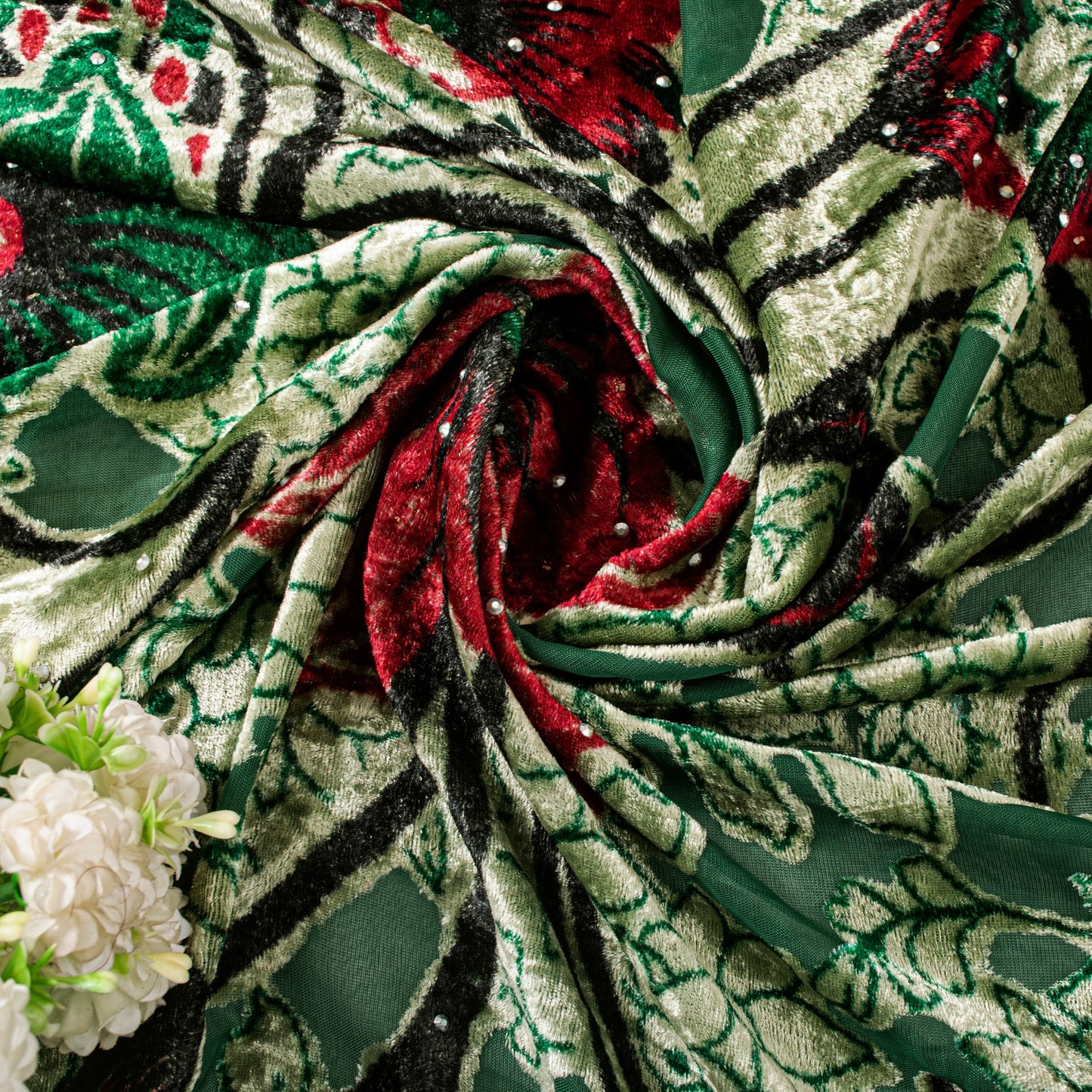 Sanskriti Vintage Green-Red Soft Velvet Dupatta Stole Floral Printed India Scarf