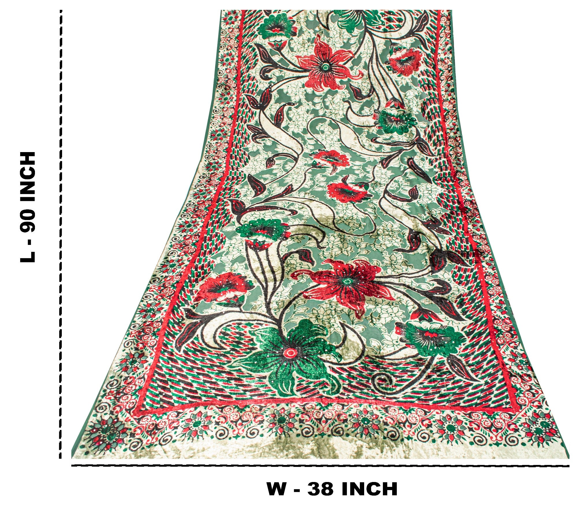 Sanskriti Vintage Green-Red Soft Velvet Dupatta Stole Floral Printed India Scarf