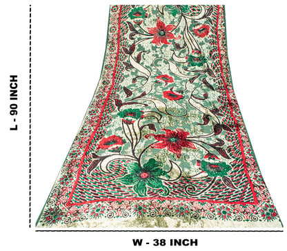 Sanskriti Vintage Green-Red Soft Velvet Dupatta Stole Floral Printed India Scarf