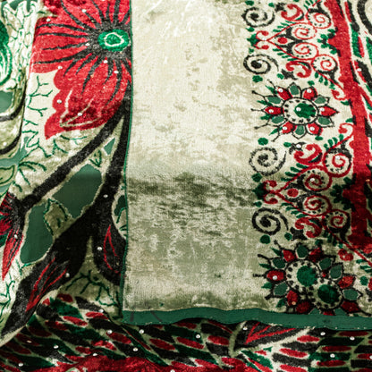 Sanskriti Vintage Green-Red Soft Velvet Dupatta Stole Floral Printed India Scarf