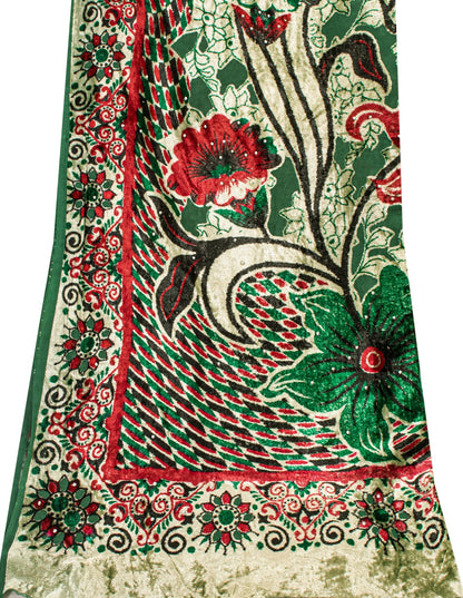 Sanskriti Vintage Green-Red Soft Velvet Dupatta Stole Floral Printed India Scarf