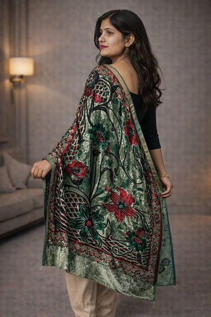 Sanskriti Vintage Green-Red Soft Velvet Dupatta Stole Floral Printed India Scarf