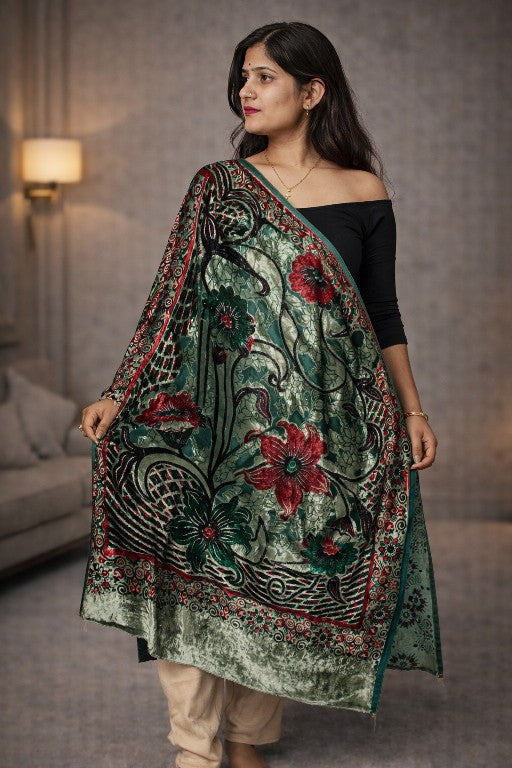 Sanskriti Vintage Green-Red Soft Velvet Dupatta Stole Floral Printed India Scarf