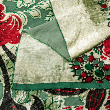 Sanskriti Vintage Green-Red Soft Velvet Dupatta Stole Floral Printed India Scarf