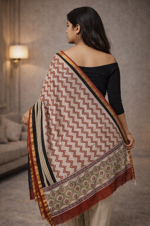Sanskriti Vintage White Soft Dupatta/Stole Pure Cotton Hand Block Printed Scarf