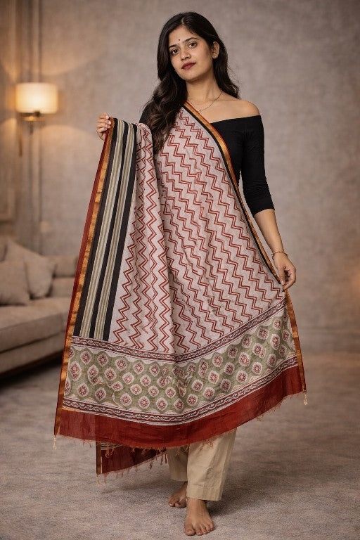 Sanskriti Vintage White Soft Dupatta/Stole Pure Cotton Hand Block Printed Scarf