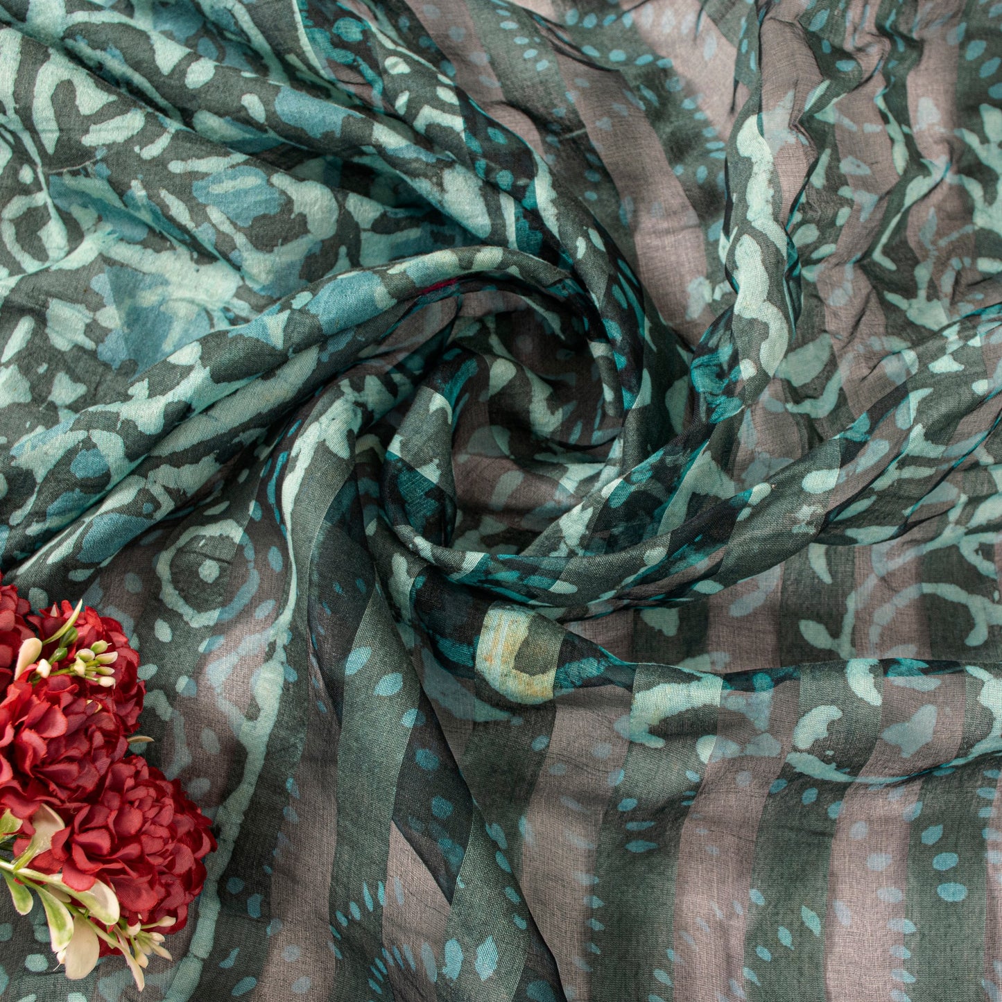 Sanskriti Vintage Green Rough Dupatta/Stole Cotton Silk Batik Work Rajasthan Vei