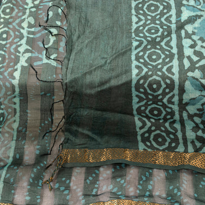 Sanskriti Vintage Green Rough Dupatta/Stole Cotton Silk Batik Work Rajasthan Vei
