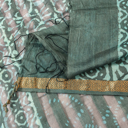 Sanskriti Vintage Green Rough Dupatta/Stole Cotton Silk Batik Work Rajasthan Vei