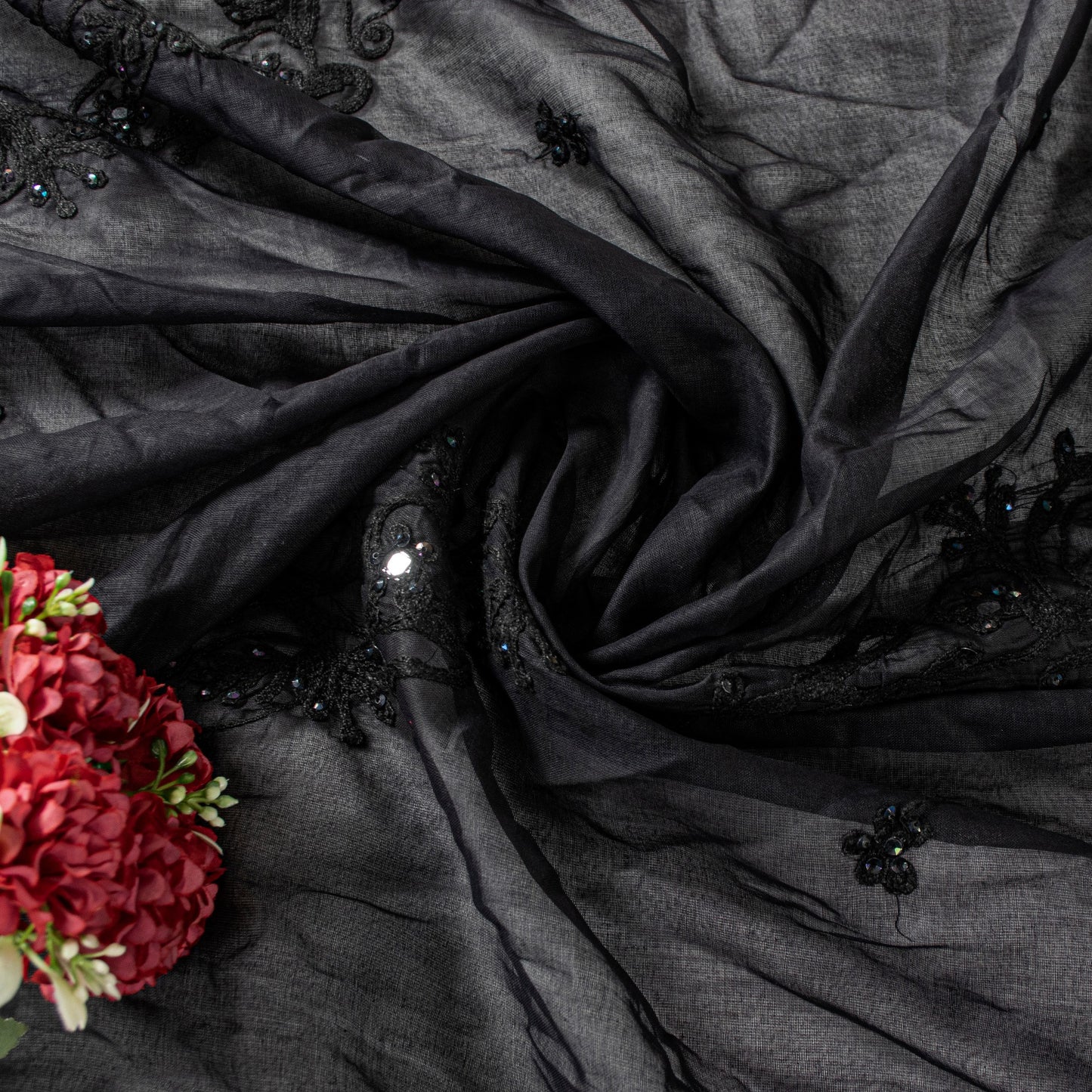 Sanskriti Vintage Black Pure Georgette Silk Dupatta Stole Embroidery Mirror Veil