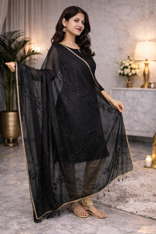 Sanskriti Vintage Black Pure Georgette Silk Dupatta Stole Embroidery Mirror Veil