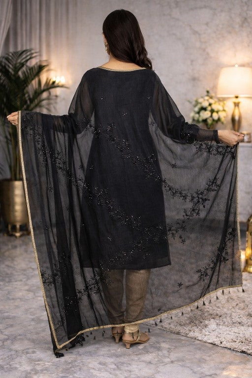 Sanskriti Vintage Black Pure Georgette Silk Dupatta Stole Embroidery Mirror Veil