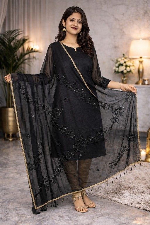 Sanskriti Vintage Black Pure Georgette Silk Dupatta Stole Embroidery Mirror Veil
