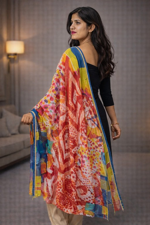 Sanskriti Vintage Red Georgette Dupatta Abstract Geometric Printed Stole Scarf