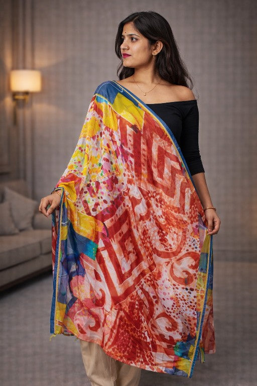 Sanskriti Vintage Red Georgette Dupatta Abstract Geometric Printed Stole Scarf