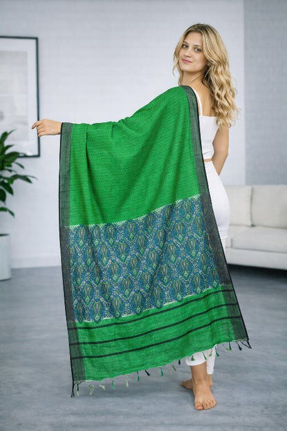Sanskriti Vintage Green Dupatta/Stole Woolen Silk Kani Paisley Print KashmirVeil