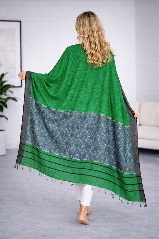 Sanskriti Vintage Green Dupatta/Stole Woolen Silk Kani Paisley Print KashmirVeil
