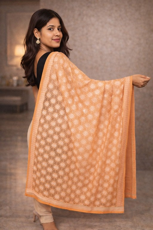 Sanskriti Vintage Peach Soft Chiffon Dupatta Stole Embroidered Phulkari Scarf