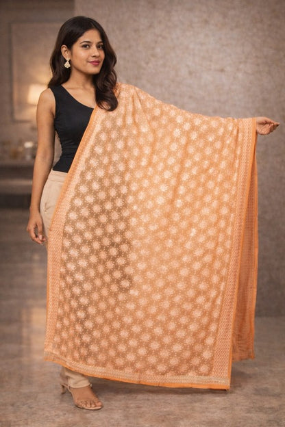 Sanskriti Vintage Peach Soft Chiffon Dupatta Stole Embroidered Phulkari Scarf