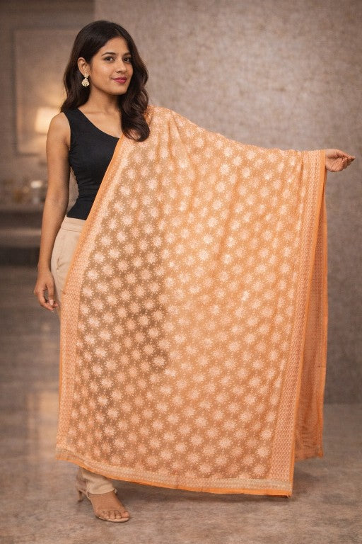 Sanskriti Vintage Peach Soft Chiffon Dupatta Stole Embroidered Phulkari Scarf