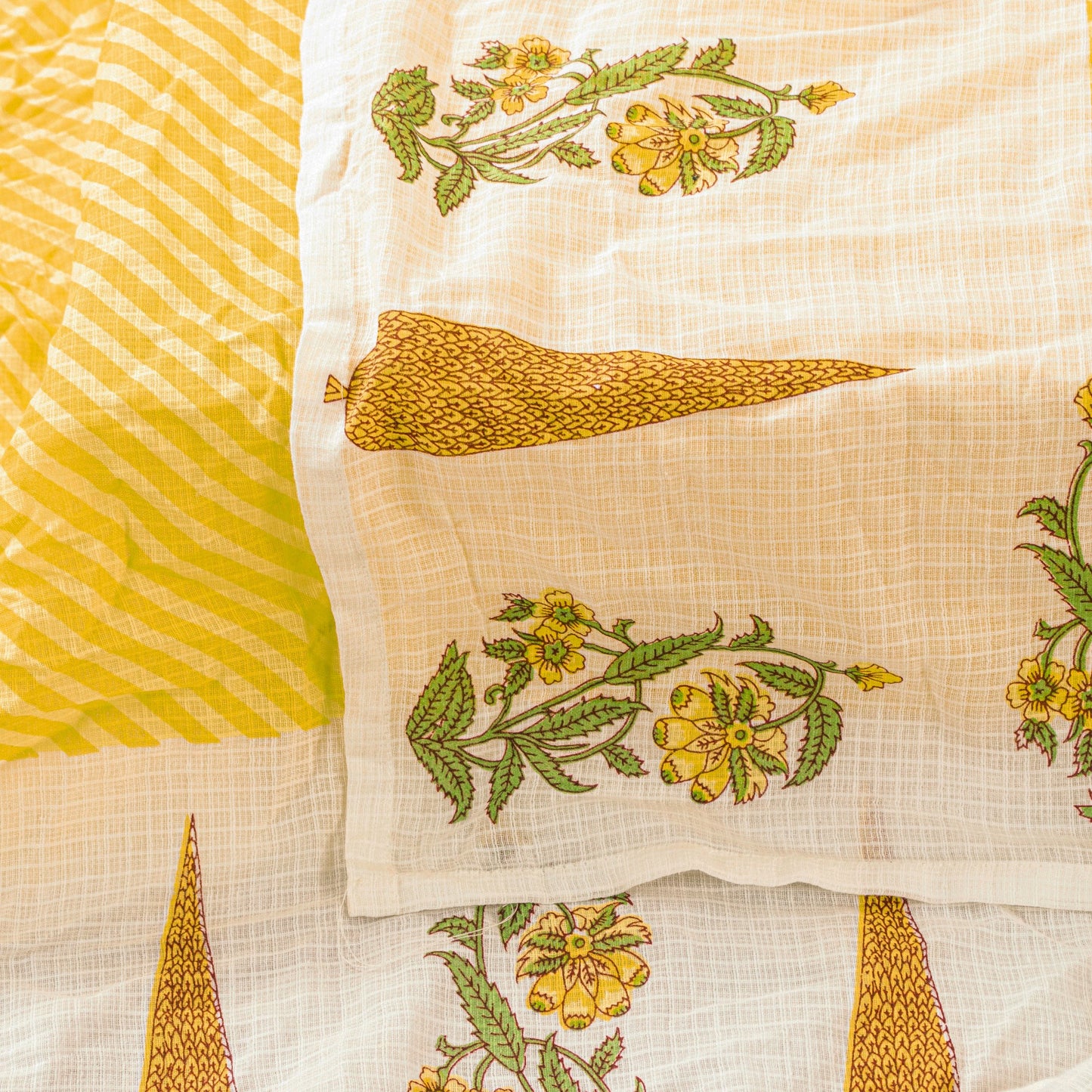 Sanskriti Vintage Yellow Soft Pure Cotton Dupatta Stole Hand Block Kota Leheria