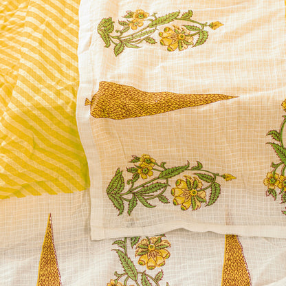 Sanskriti Vintage Yellow Soft Pure Cotton Dupatta Stole Hand Block Kota Leheria