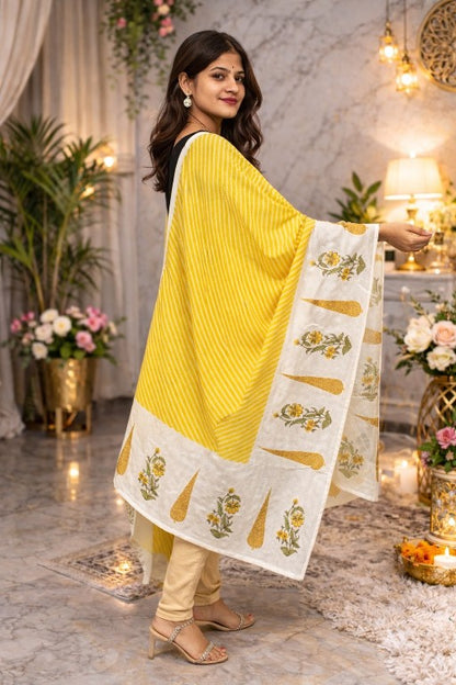 Sanskriti Vintage Yellow Soft Pure Cotton Dupatta Stole Hand Block Kota Leheria