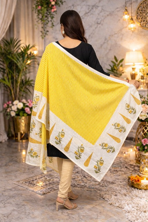 Sanskriti Vintage Yellow Soft Pure Cotton Dupatta Stole Hand Block Kota Leheria