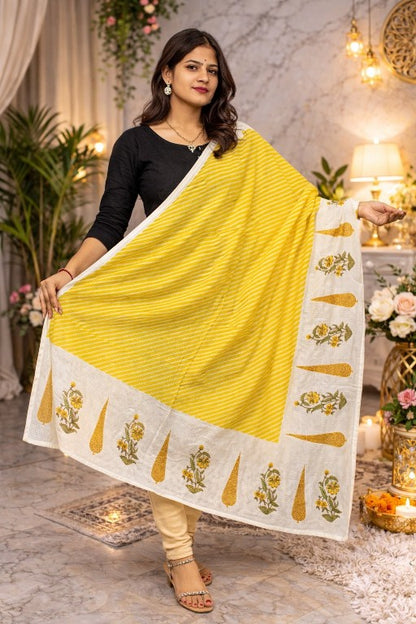 Sanskriti Vintage Yellow Soft Pure Cotton Dupatta Stole Hand Block Kota Leheria