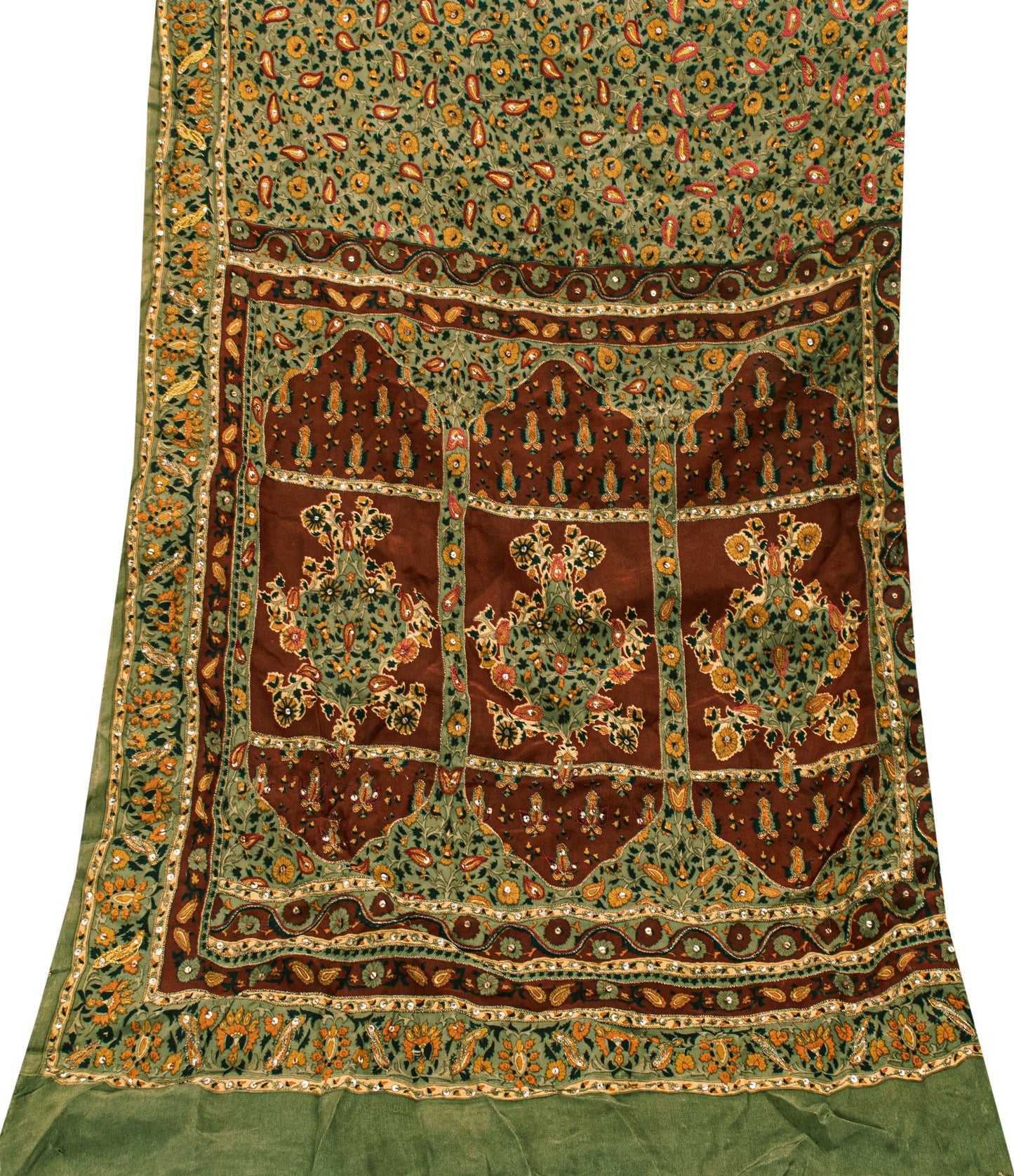 Sanskriti Vintage Green Pure Crepe Silk Dupatta Stole Embroidered Sequins Scarf