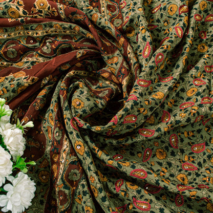 Sanskriti Vintage Green Pure Crepe Silk Dupatta Stole Embroidered Sequins Scarf