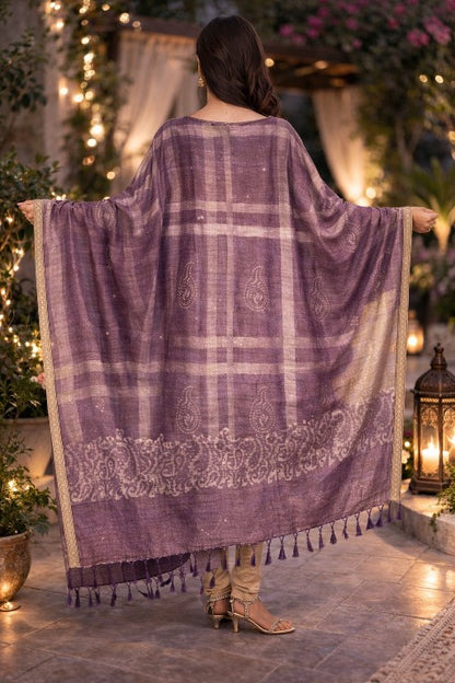 Sanskriti Vintage Purple Soft Blend Woolen Dupatta Stole Batik Work PaisleyScarf