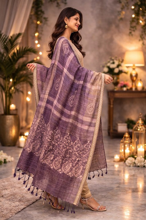 Sanskriti Vintage Purple Soft Blend Woolen Dupatta Stole Batik Work PaisleyScarf