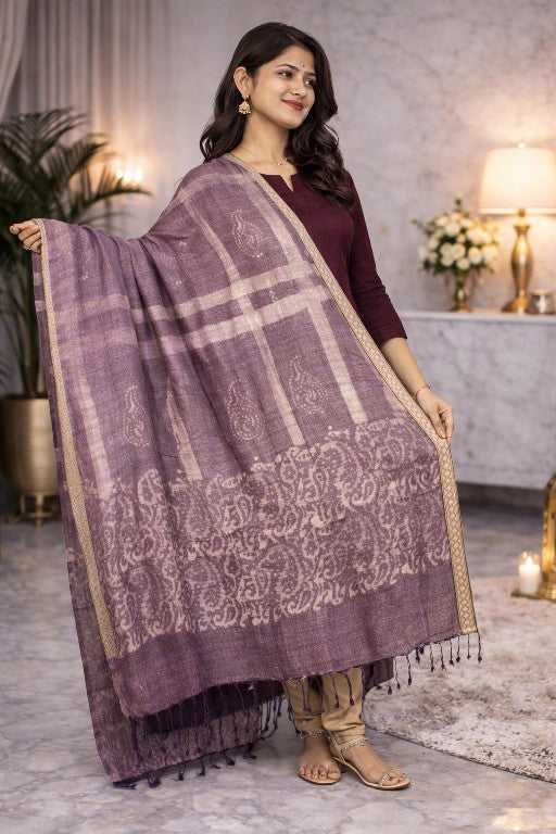 Sanskriti Vintage Purple Soft Blend Woolen Dupatta Stole Batik Work PaisleyScarf