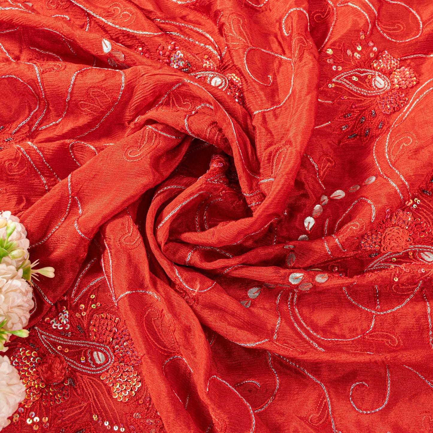 Sanskriti Vintage Red Pure Silk Dupatta Stole Hand Embroidered Gota Patti Scarf