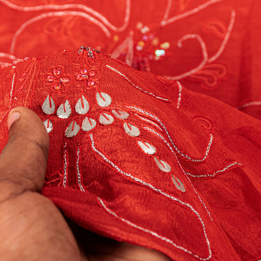 Sanskriti Vintage Red Pure Silk Dupatta Stole Hand Embroidered Gota Patti Scarf