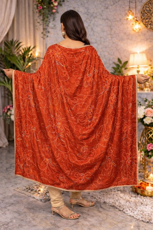 Sanskriti Vintage Red Pure Silk Dupatta Stole Hand Embroidered Gota Patti Scarf