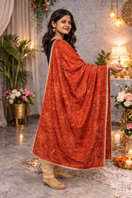 Sanskriti Vintage Red Pure Silk Dupatta Stole Hand Embroidered Gota Patti Scarf