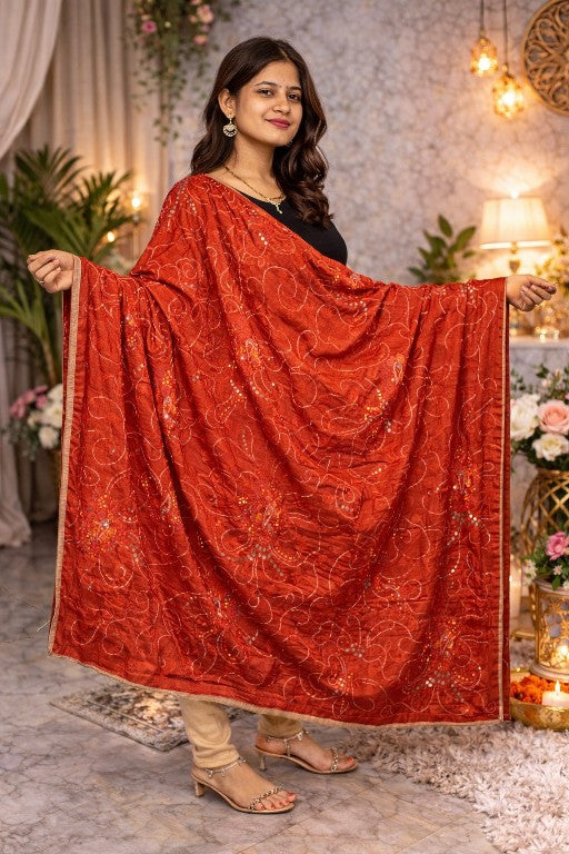Sanskriti Vintage Red Pure Silk Dupatta Stole Hand Embroidered Gota Patti Scarf