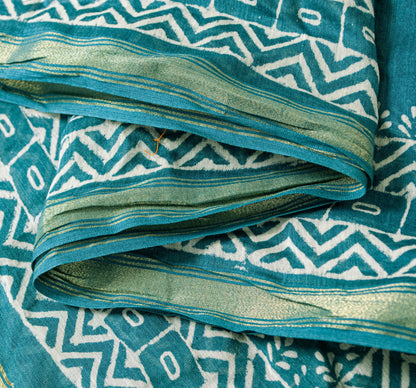 Sanskriti Vintage Blue Cotton Silk Dupatta Stole Hand Block Printed Bagru Scarf