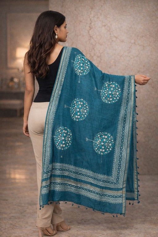 Sanskriti Vintage Blue Cotton Silk Dupatta Stole Hand Block Printed Bagru Scarf
