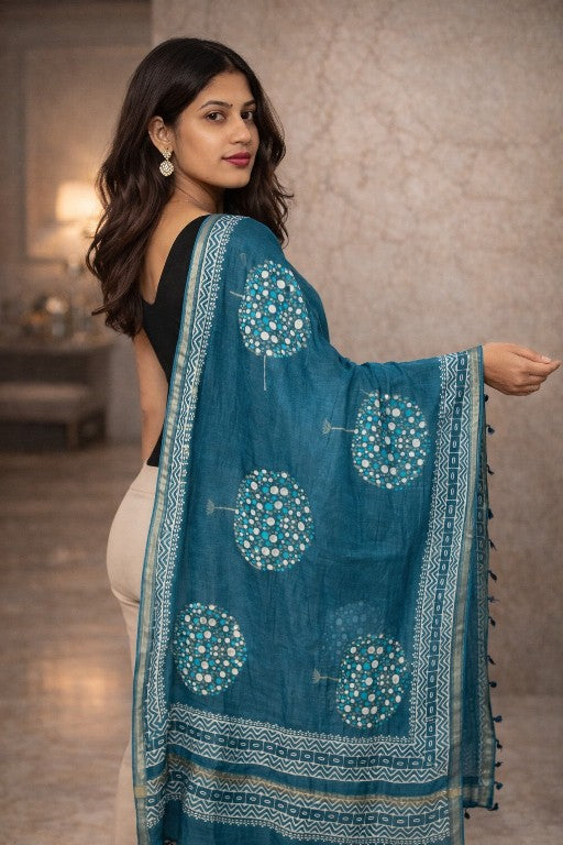 Sanskriti Vintage Blue Cotton Silk Dupatta Stole Hand Block Printed Bagru Scarf